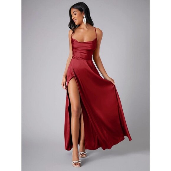 Crisscross Backless Wrap Satin Cowl neck maxi Dress dark green - Picture 1 of 2